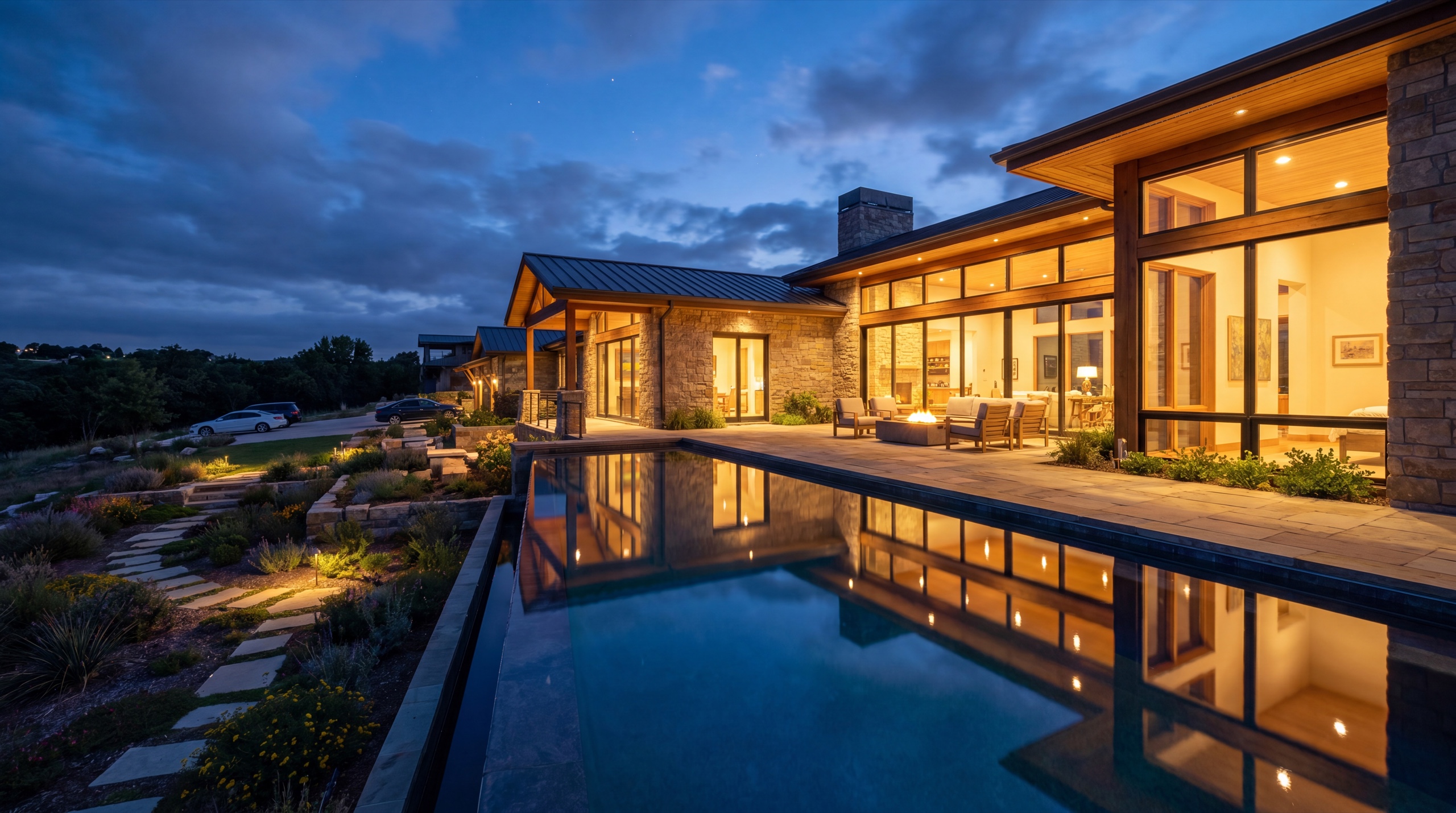 Villa in der Abenddämmerung mit warm beleuchteten Fenstern
